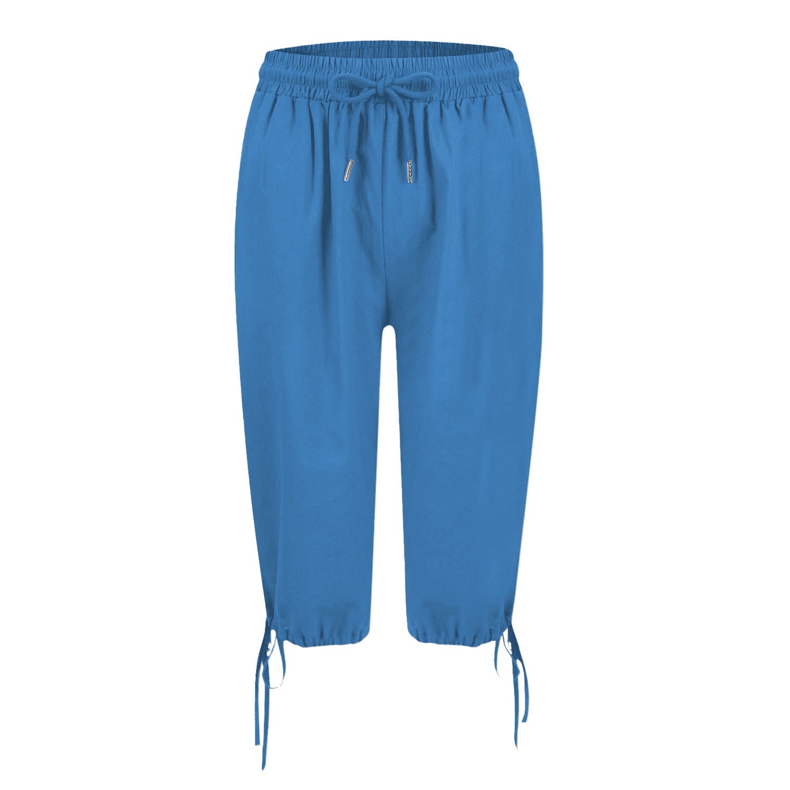thumbnail image 5 of Pantalones de lino para mujer con bolsillos, cintura alta con cordón elástico, largo cinco octavos, confeccionados en suave tejido de poliéster, informales, para el parque, fiestas o citas., 5 of 7
